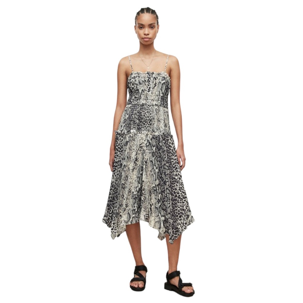 All Saints Phillipa Noche Animal Print Pleated Smocked Midi Dress in Black/Cream